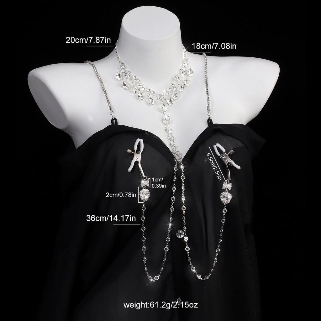Heart & Bow Crystal Chain Nipple Clamps with Collar - Wet Master