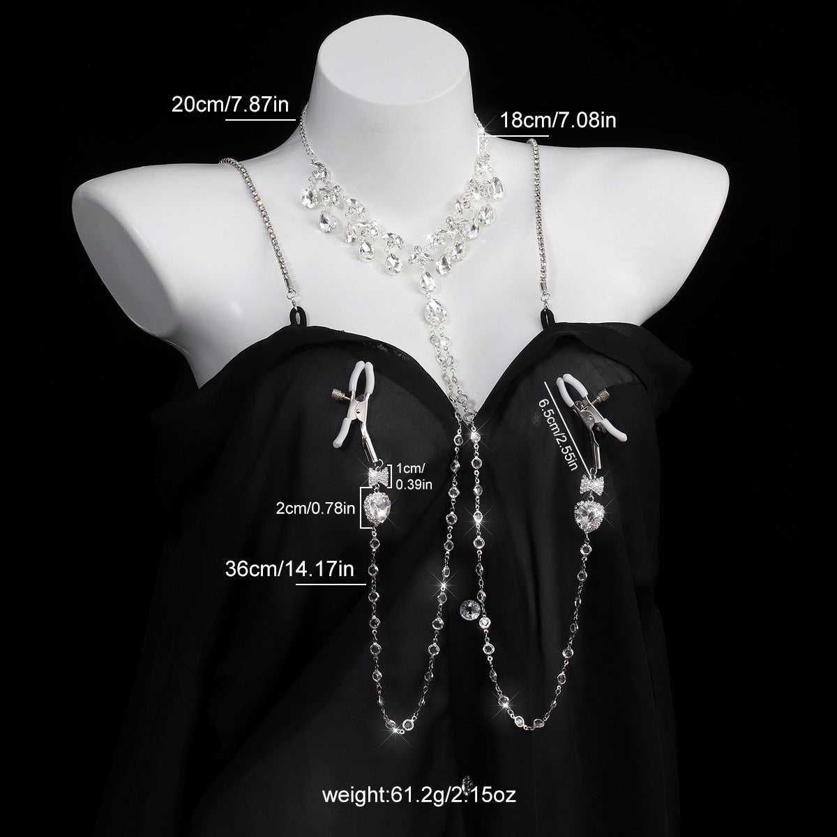 Heart & Bow Crystal Chain Nipple Clamps with Collar - Wet Master
