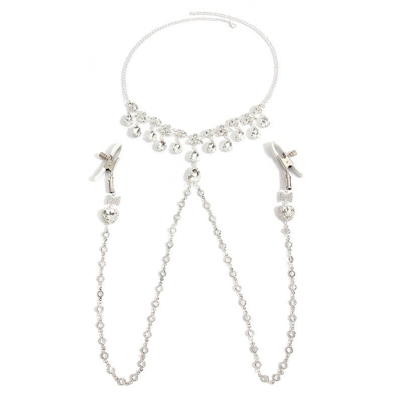 Heart & Bow Crystal Chain Nipple Clamps with Collar - Wet Master