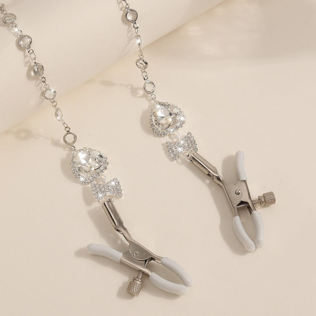 Heart & Bow Crystal Chain Nipple Clamps with Collar - Wet Master