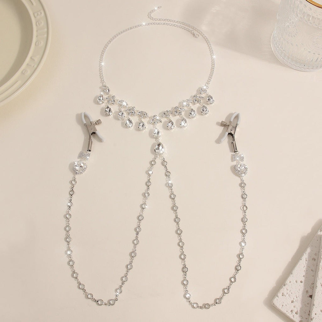 Heart & Bow Crystal Chain Nipple Clamps with Collar - Wet Master