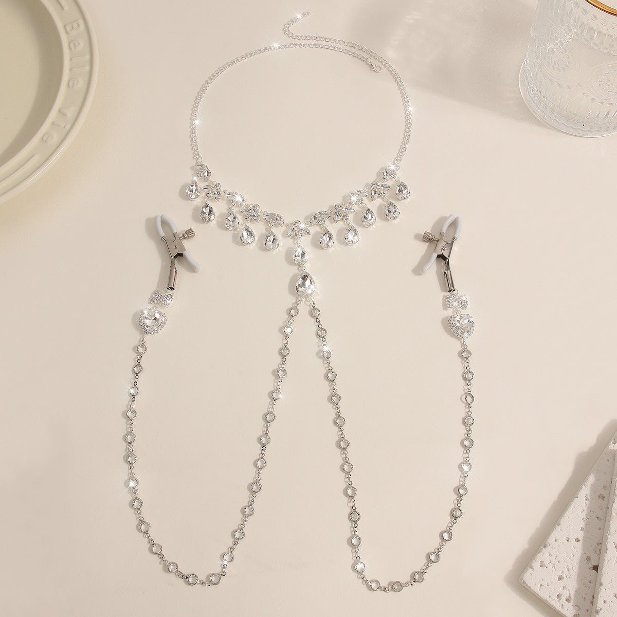 Heart & Bow Crystal Chain Nipple Clamps with Collar - Wet Master
