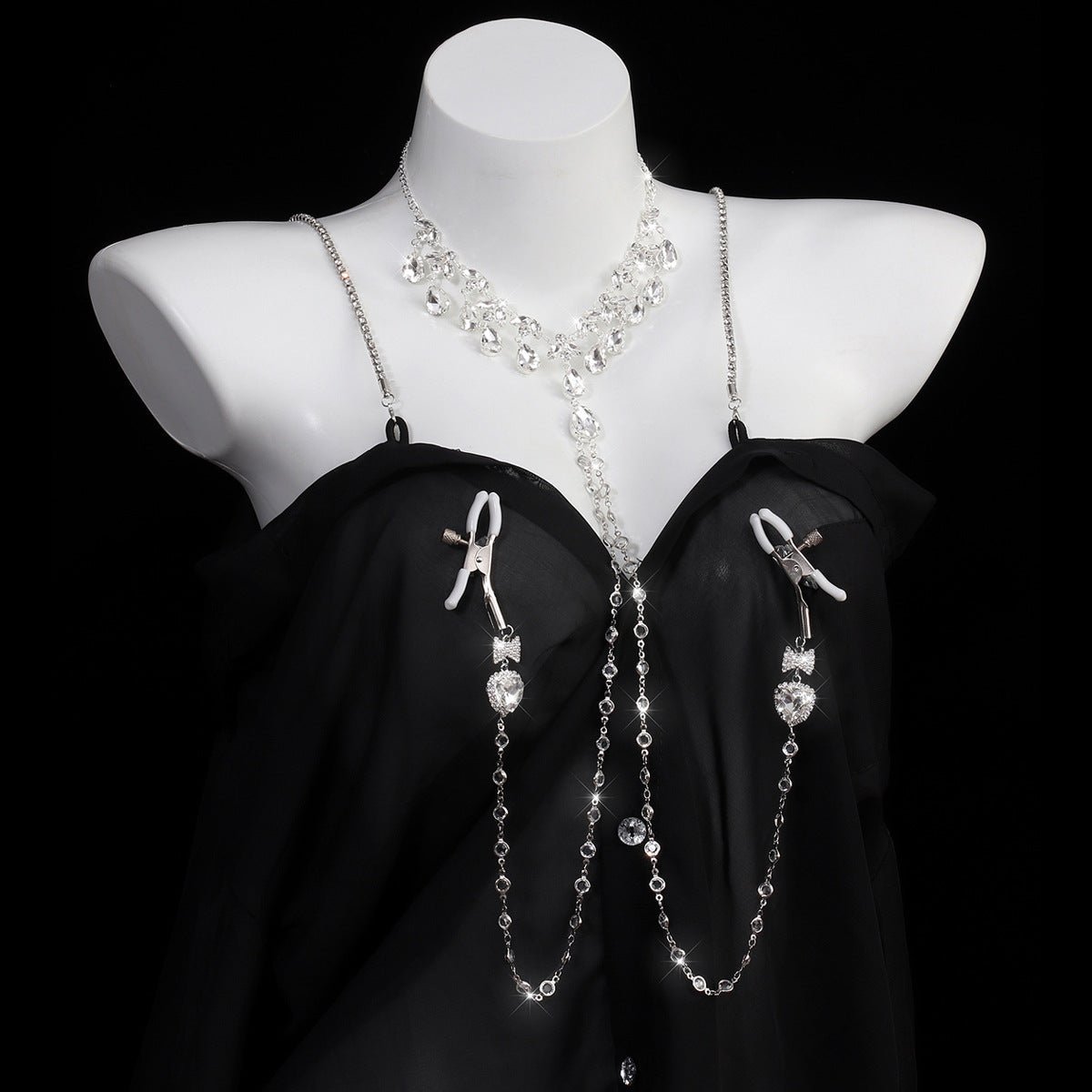 Heart & Bow Crystal Chain Nipple Clamps with Collar - Wet Master